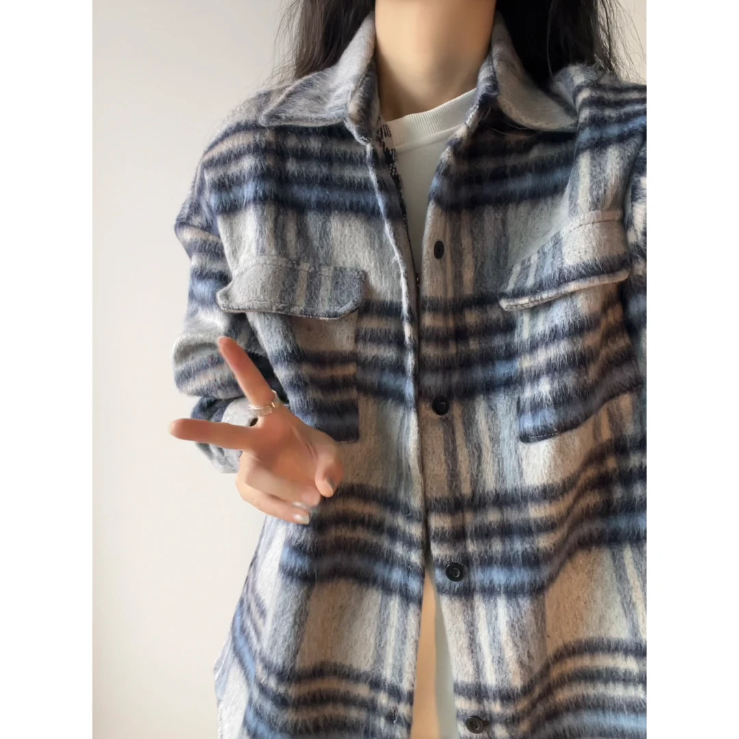 磨毛条纹呢料衬衫式外套男春秋季高级感慵懒男装oversize小众夹克