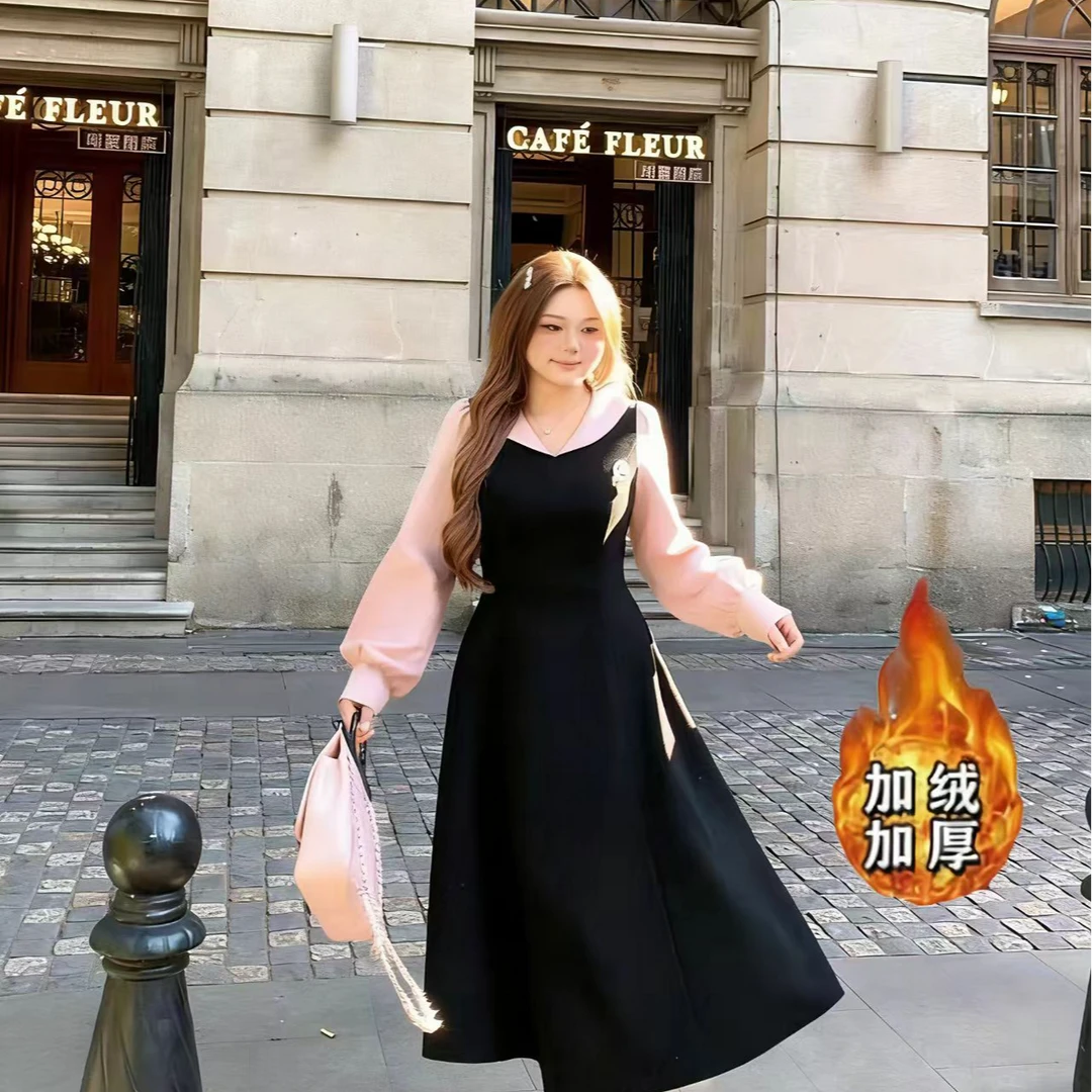 （80-200斤）大码胖mm2025新款学院风连衣裙女微胖假两件裙子2037