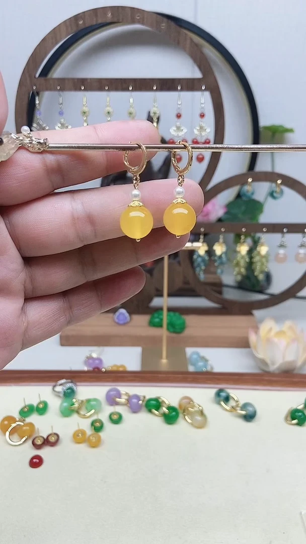 14K金镶嵌耳钉玛瑙/玉髓74号