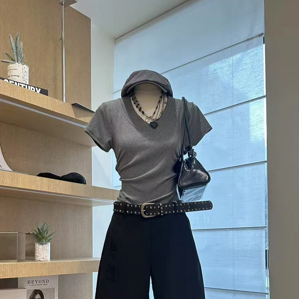 【漫画小蛮腰】韩版百搭收腰修身显瘦短袖上衣-6097