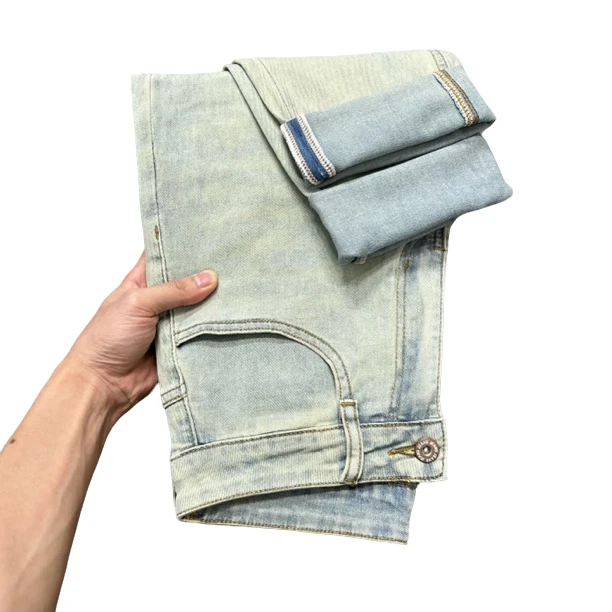 夏季新款复古泥黄色百搭潮流修身潮流时尚小直筒弹力高端牛仔长裤