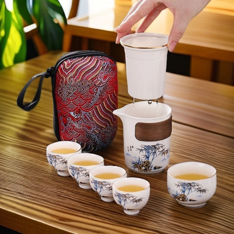192富竹天下羊脂玉瓷一壶五杯高端茶器功夫茶具快客杯套装便携式