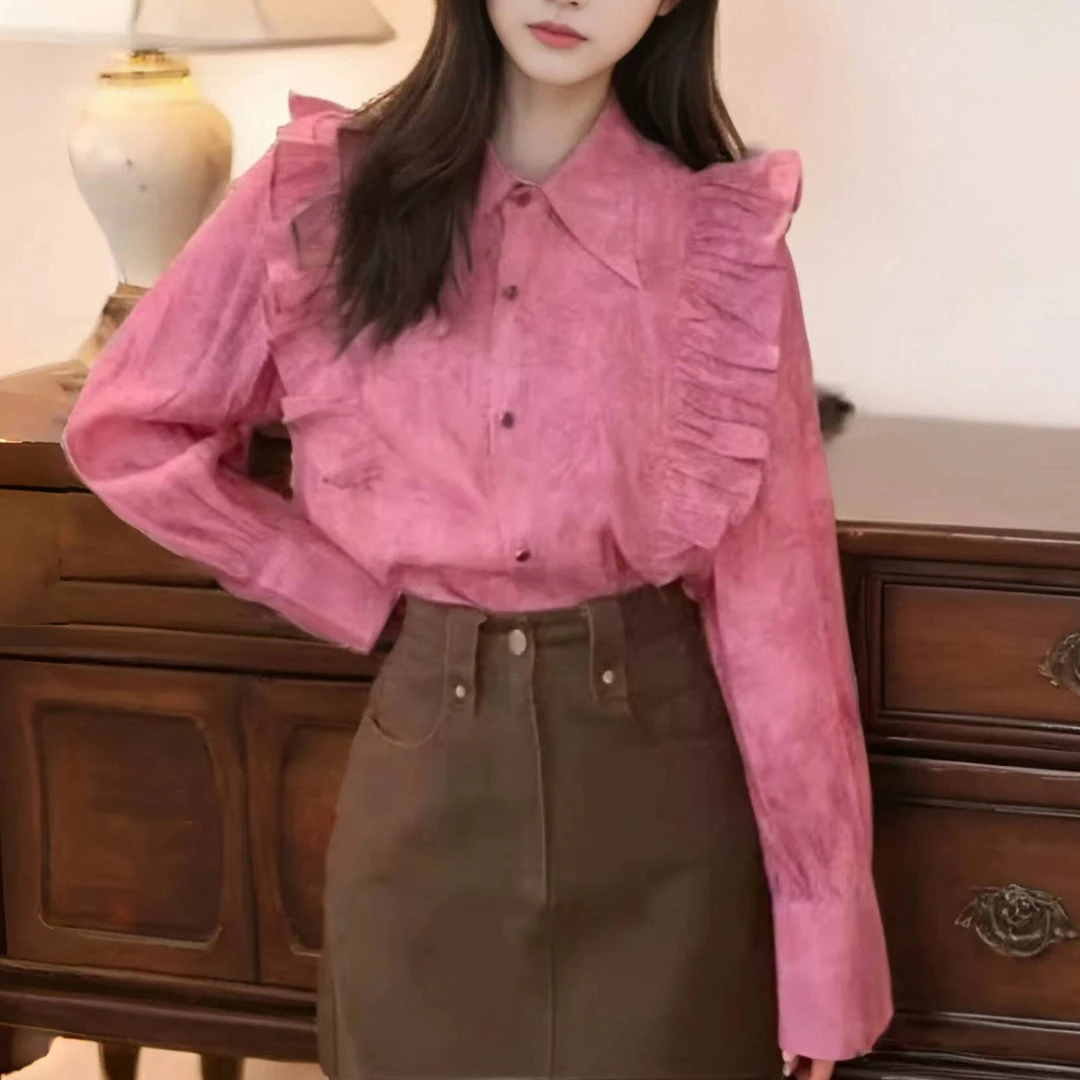 新款9125港风复古娃娃领缩褶衬衫女长袖上衣