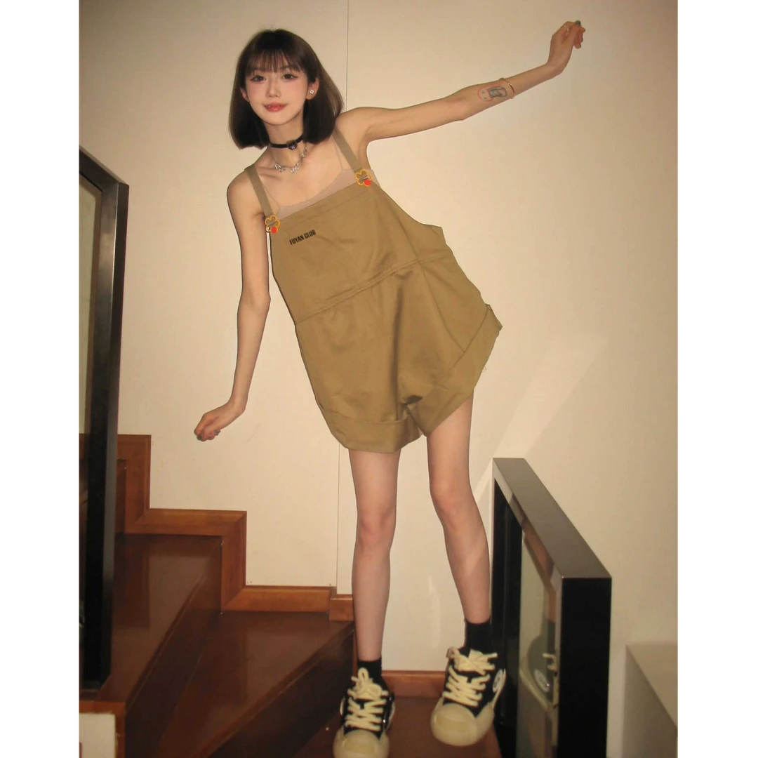 背带短裤女夏季美式复古小个子多巴胺穿搭连体裤子FTY572爆款