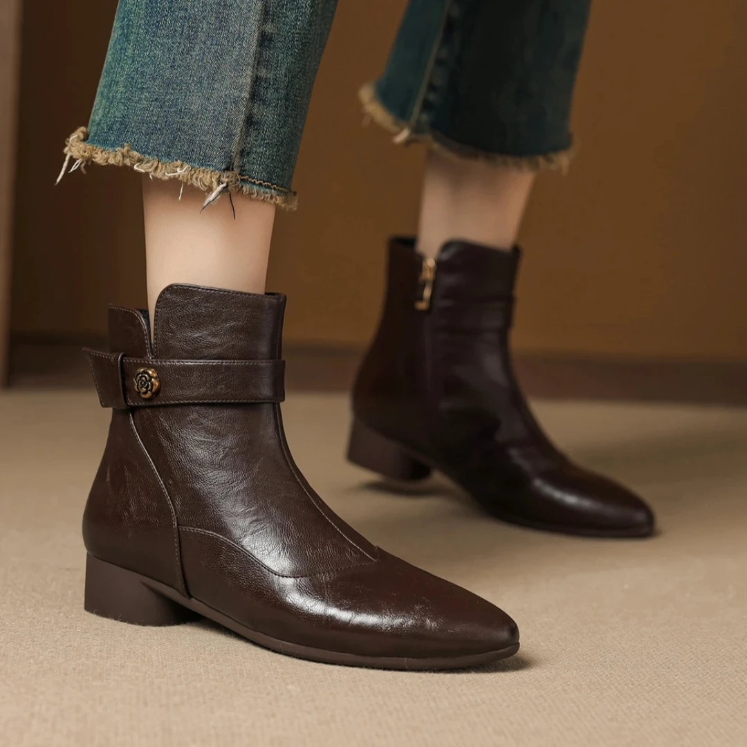25年秋冬新款女靴芒果头型羊皮女靴软底软面加绒女靴时尚百搭
