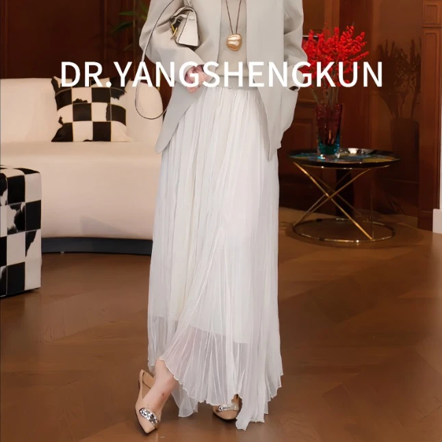 杨圣坤仙女风松紧腰白色半身裙小众气质显瘦百褶裙YM2502-1917