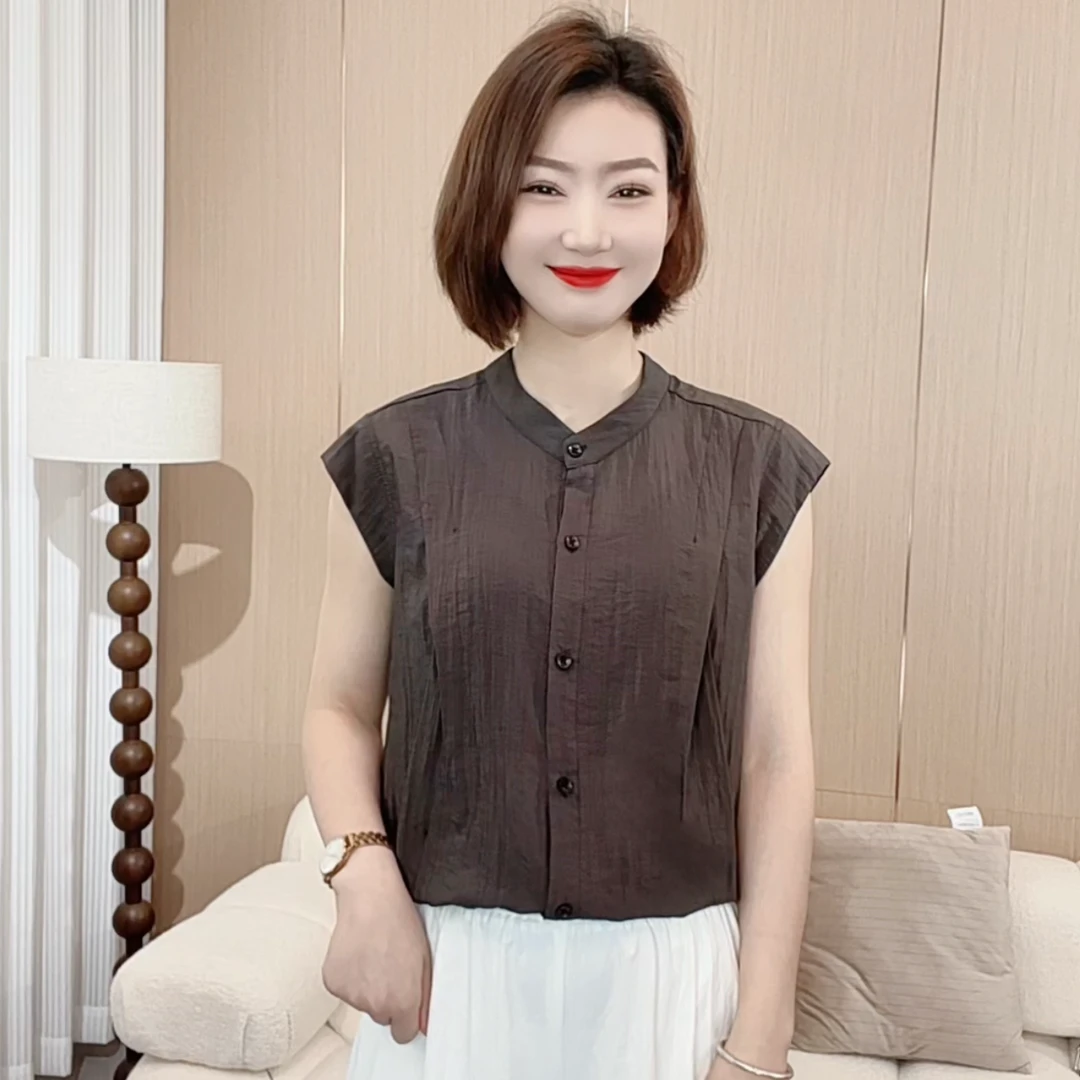 2025夏季时尚洋气新款简约法式设计休闲纯色拼接圆领无袖P6697