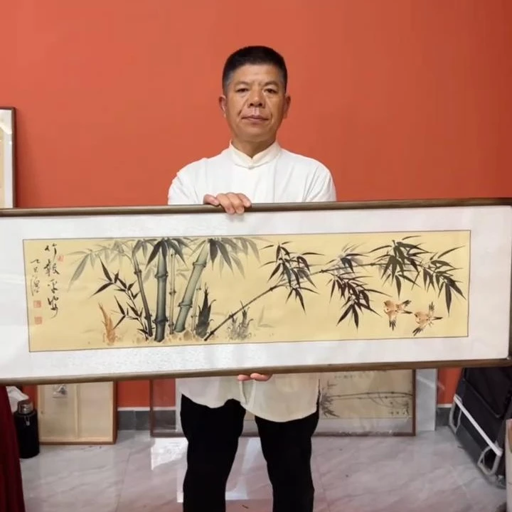 张富民作品/竹报平安（黑胡桃色实木框）/古宣/122*40cm左右/