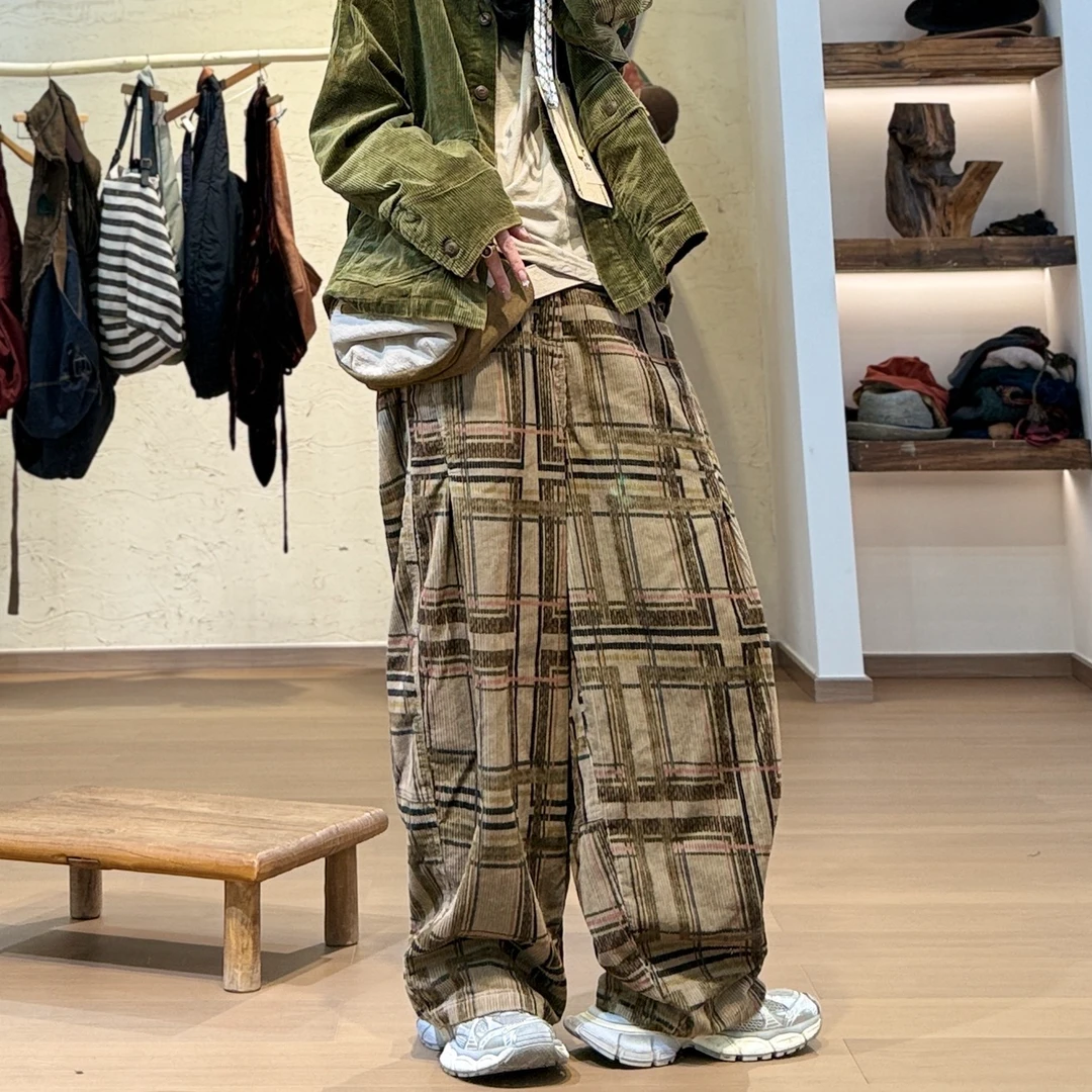 忆古朴拙241242印花坑条设计感拼接打褶休闲长裤春款裤子