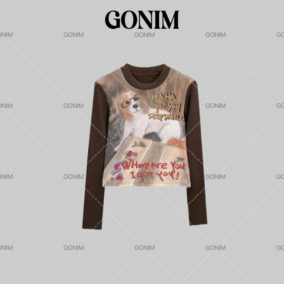 Gonim· “油画意境“2024秋冬复古长袖修身显瘦印花打底衫圆领T恤女