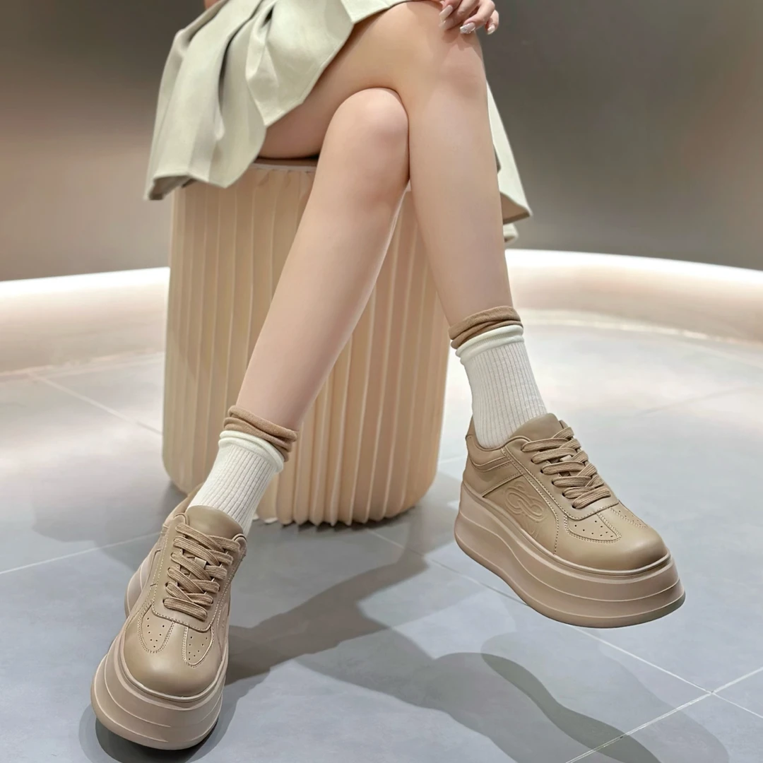 Princess Roche【设计师款】秋季时尚百搭休闲鞋真皮系带增高小白鞋