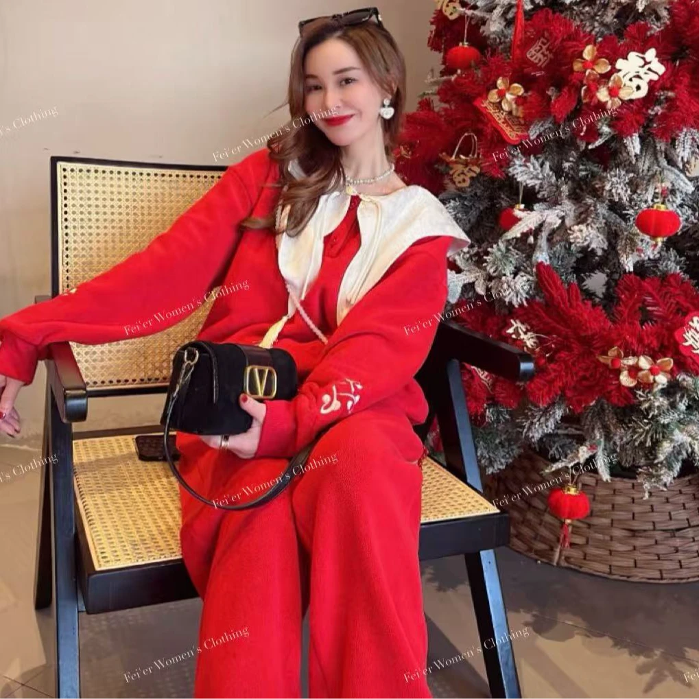 飞儿【素锦流年】时尚百搭宽松潮流圆领拼接撞色时尚套装