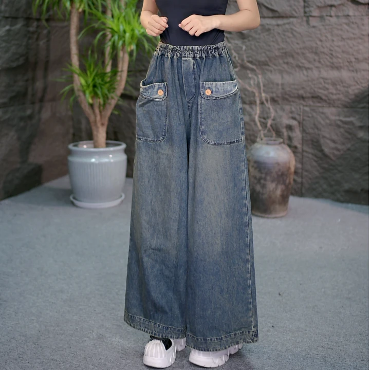 【垂感显瘦牛仔裤】秋季大码女装新款裤子复古风阔腿牛仔松紧腰