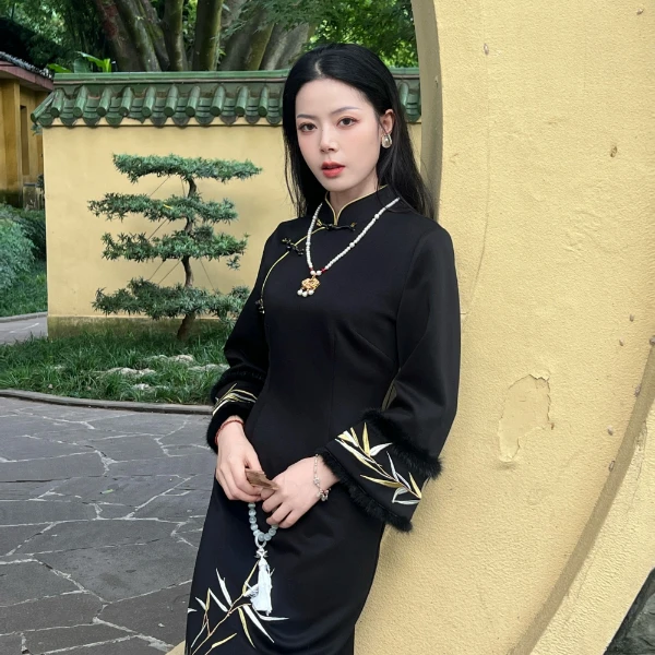 【墨竹谣】小个子定制水貂毛毛条旗袍气质刺绣款秋冬季厚款气质