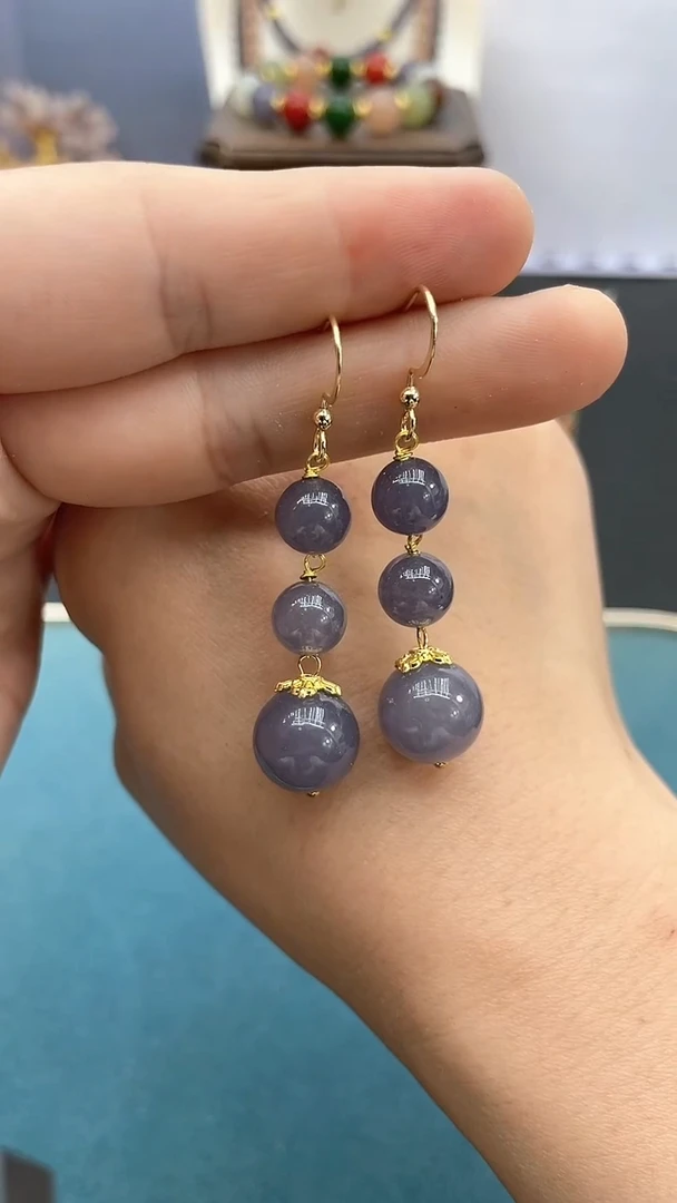 和田玉14K金镶嵌耳饰烟紫三珠