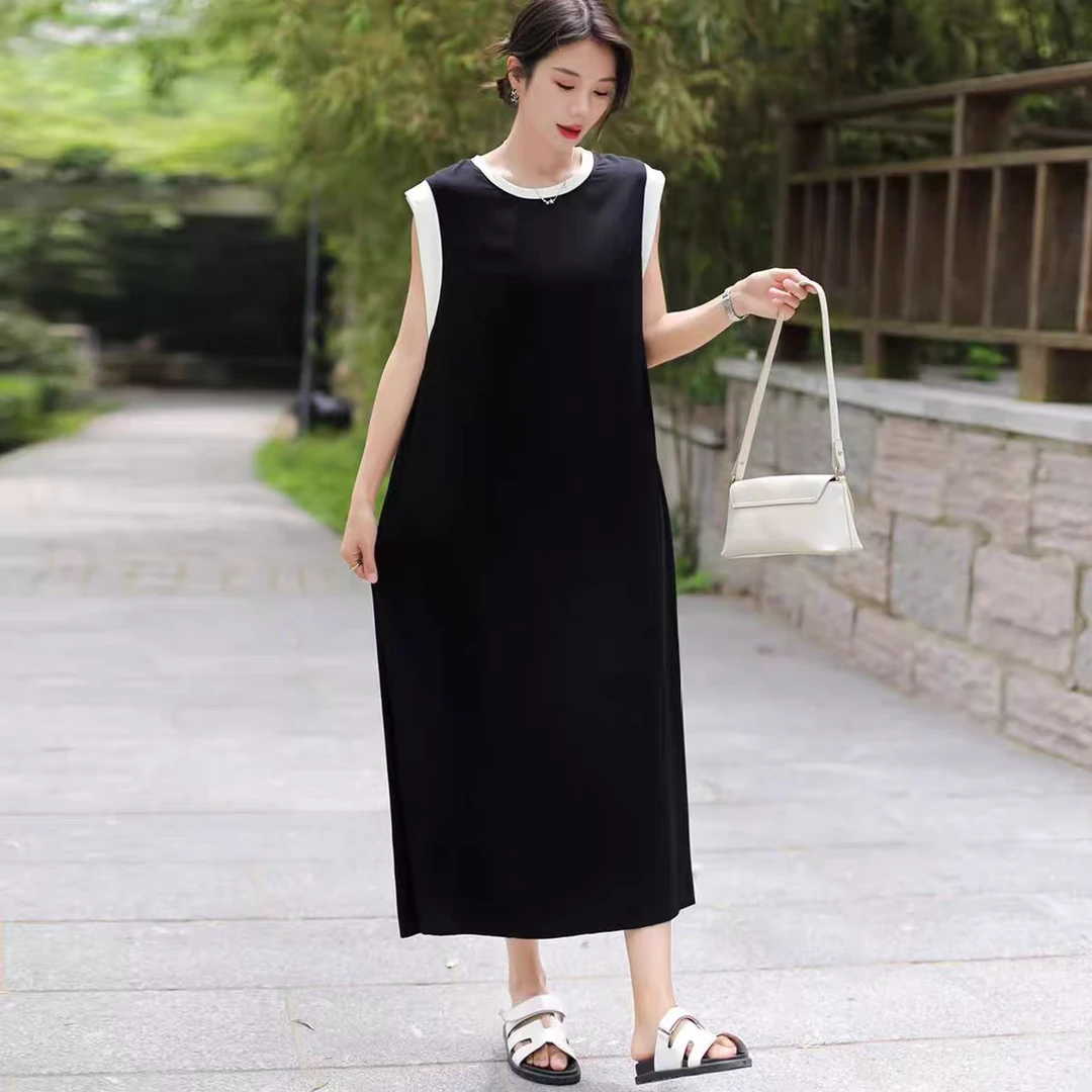 夏季新款棉绸无袖撞色拼接显瘦纯色百搭圆领女士人造棉A字连衣裙