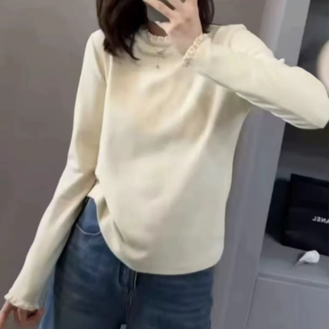 3389柔软亲肤舒服绒领花边打底衫