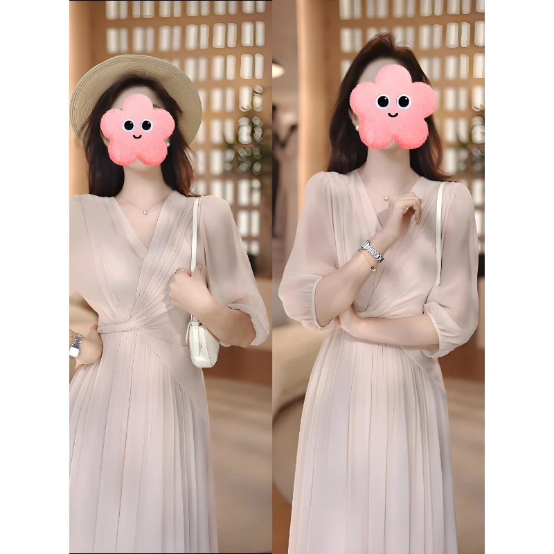 法式轻奢风连衣裙女夏2025夏季新款女装V领飘逸别致气质长裙子