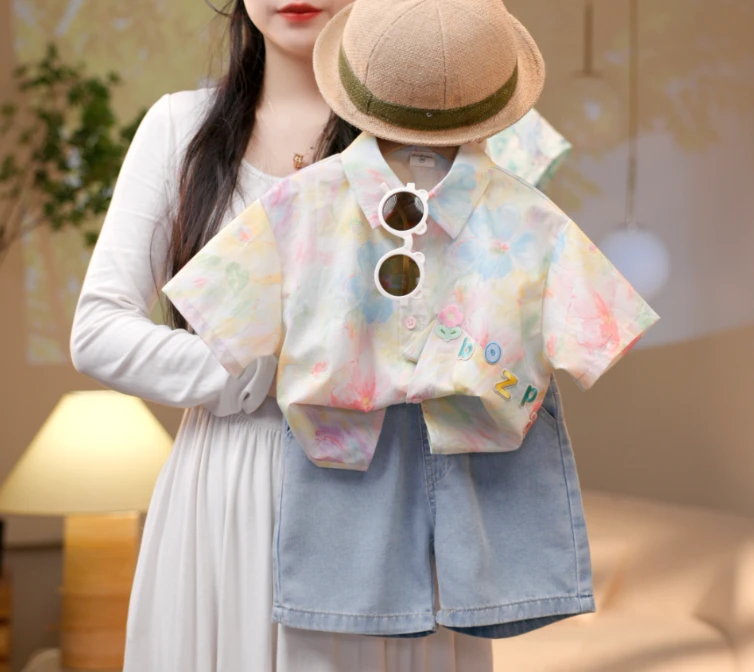 啵小爸2025夏季男童韩系休闲设计感衬衫套装