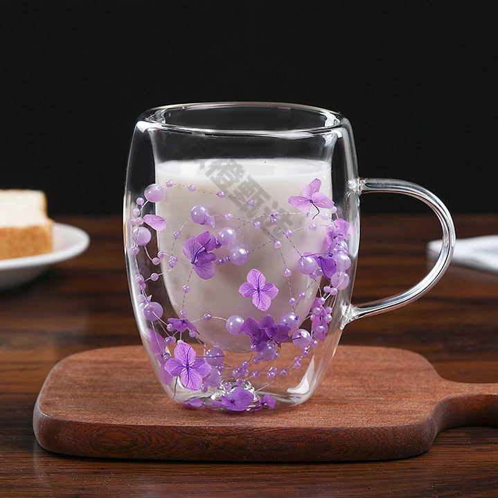 高级感双层玻璃杯浪漫紫色永生花玻璃喝水杯大容量防烫早餐牛奶杯