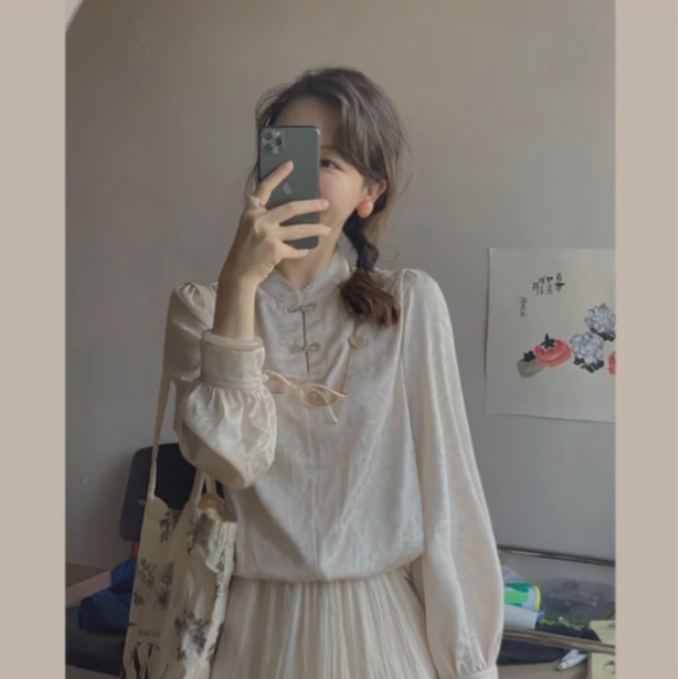 【超值捡漏】缎面提花新中式盘扣衬衫女复古立领上衣