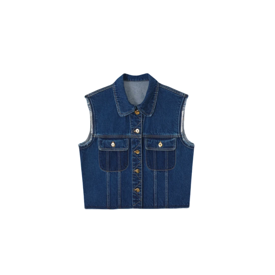 N-流苏深蓝色翻领无袖牛仔背心-9070