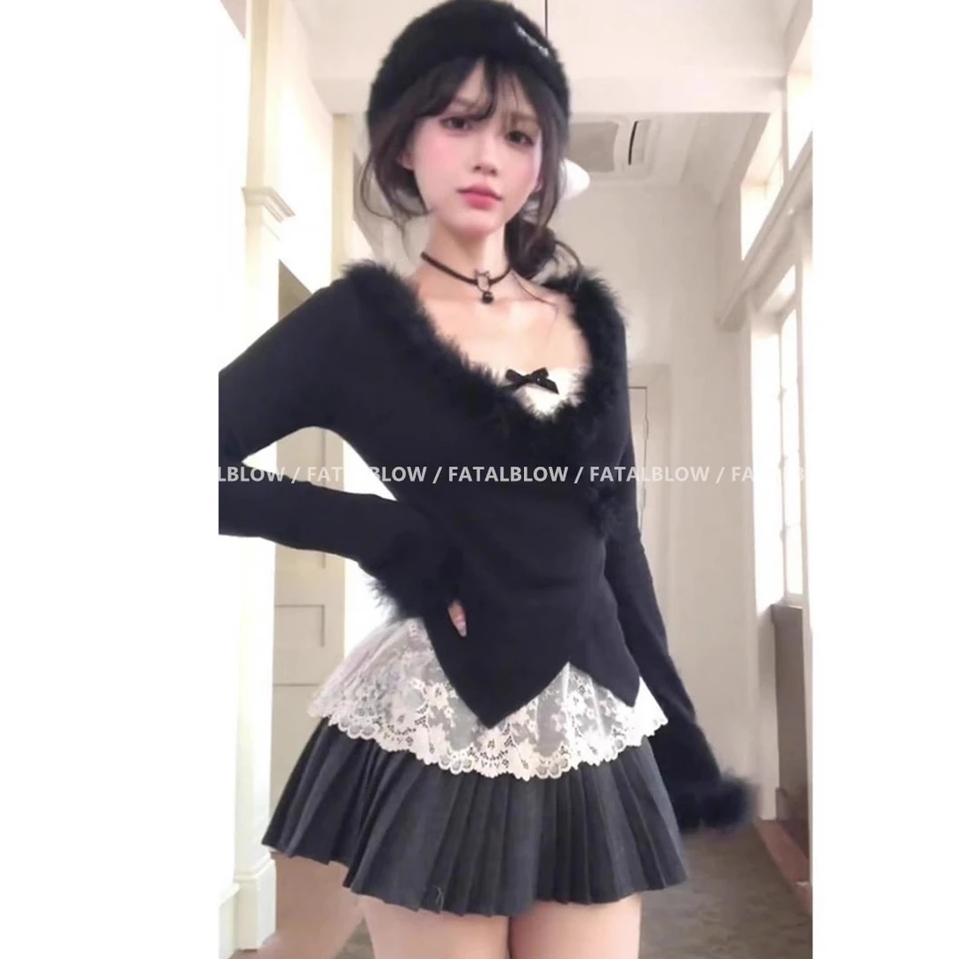 纯欲甜辣套装女秋冬季毛毛拼接上衣内搭蕾丝打底衫百褶裙子两件套