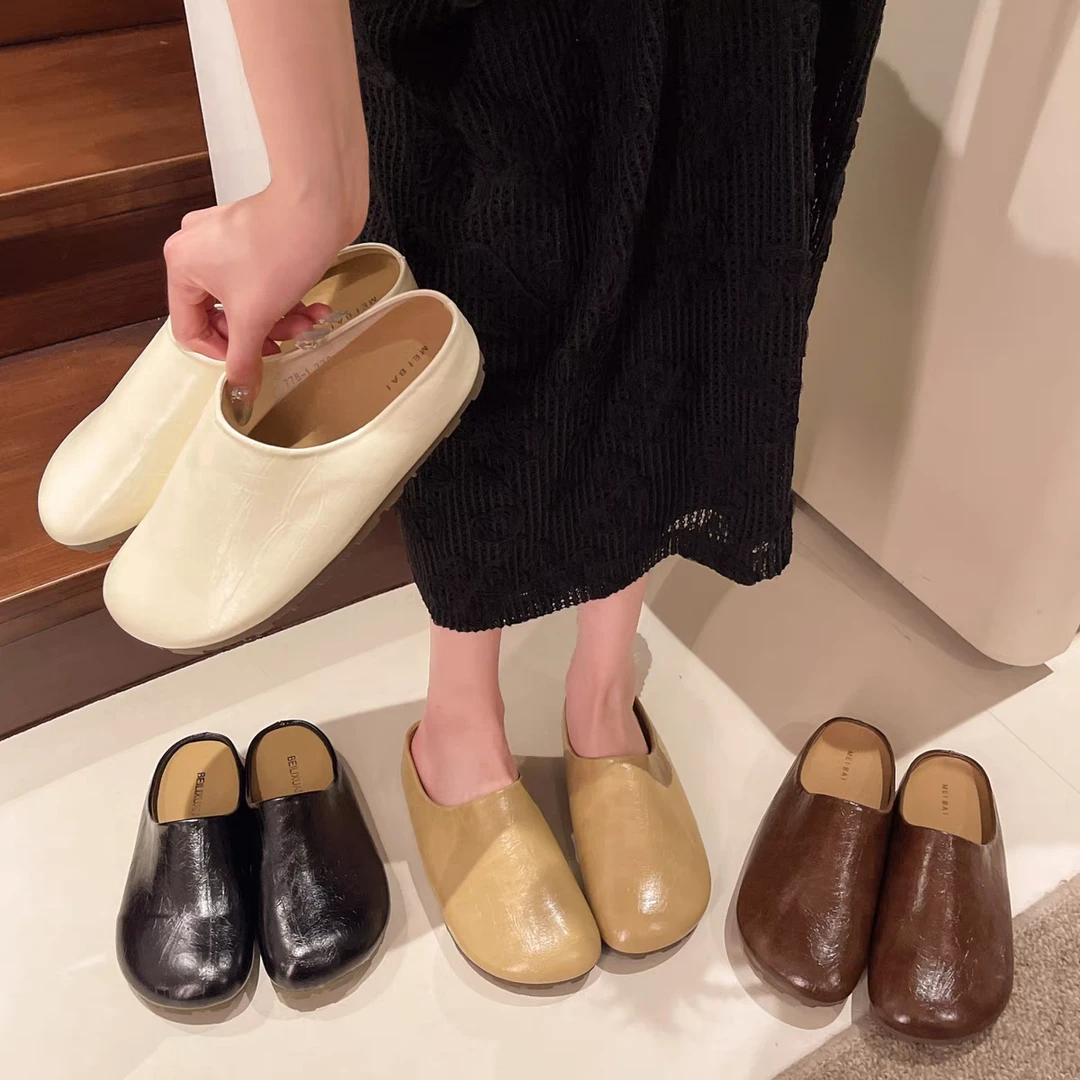 【A02】法式平底包头半拖鞋女2025新款春夏季软皮单鞋一脚蹬软底鞋