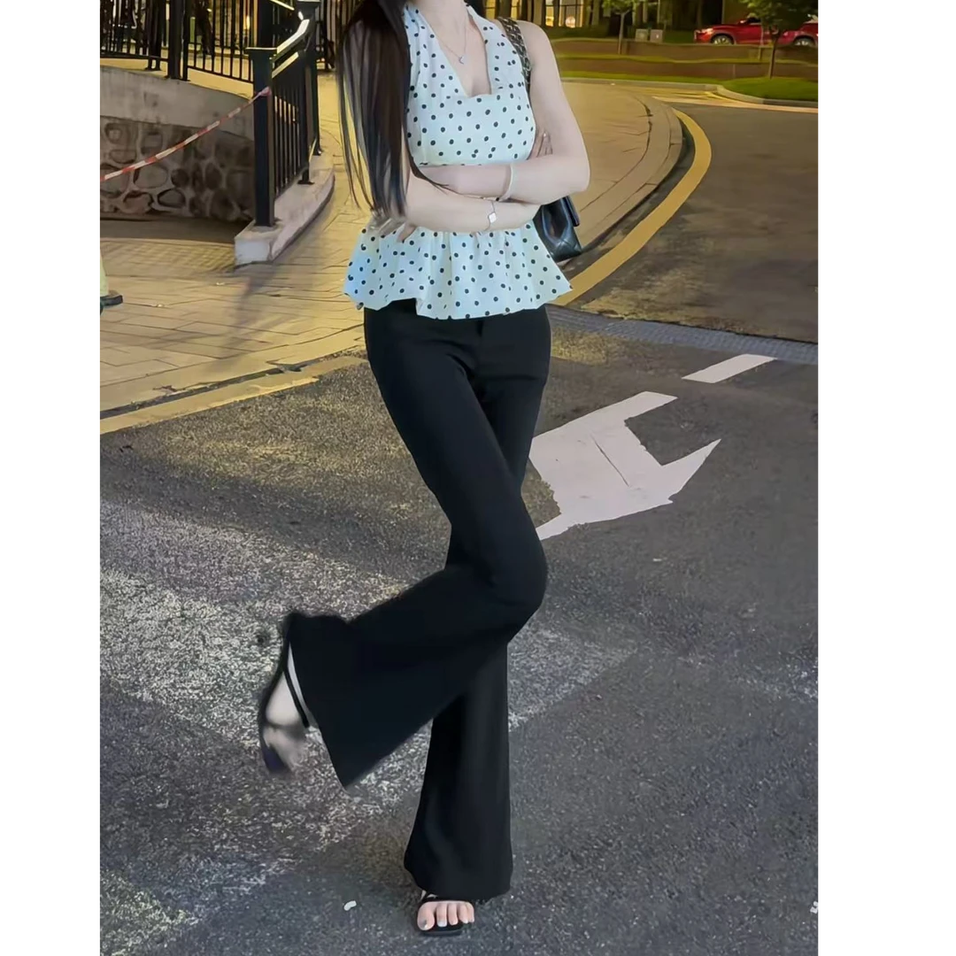 2025新款吊带背心修身显瘦挂脖波点无袖上衣百搭微喇显瘦长裤