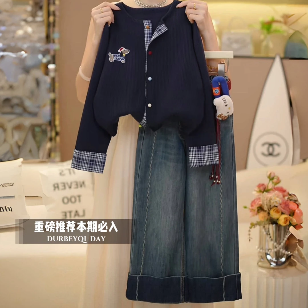 女童套装2025秋季新款儿童中大童卡通针织开衫外套牛仔裤两件套潮