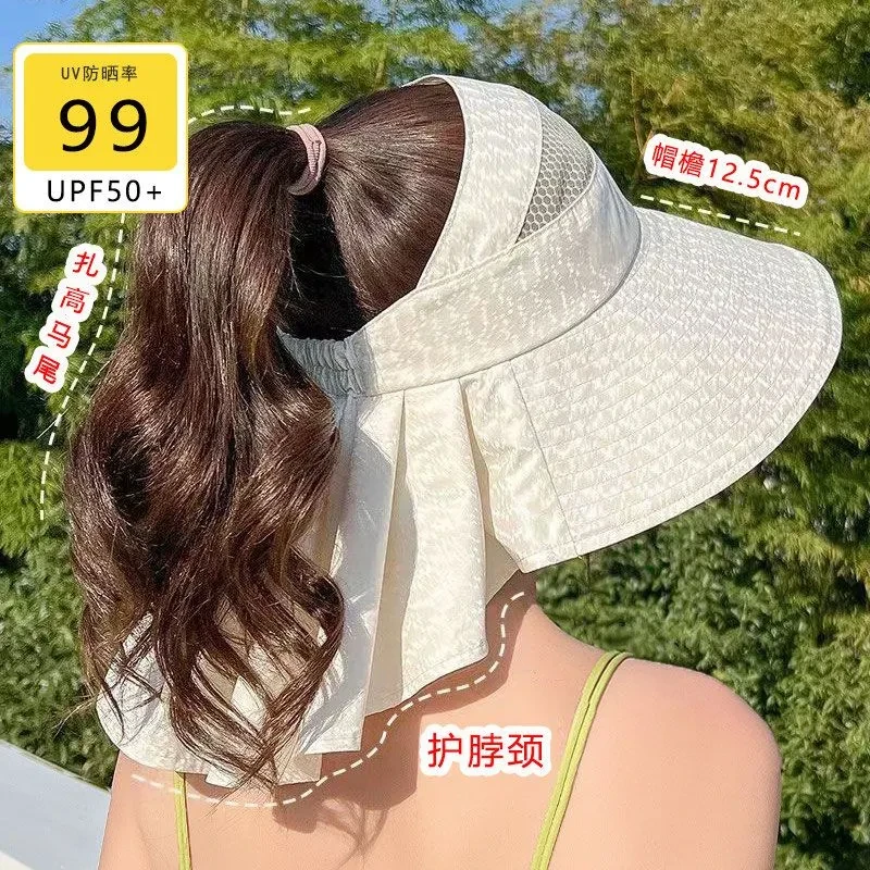 女士凉帽护脖颈遮阳帽春夏户外防紫外线空顶高马尾遮阳太阳帽