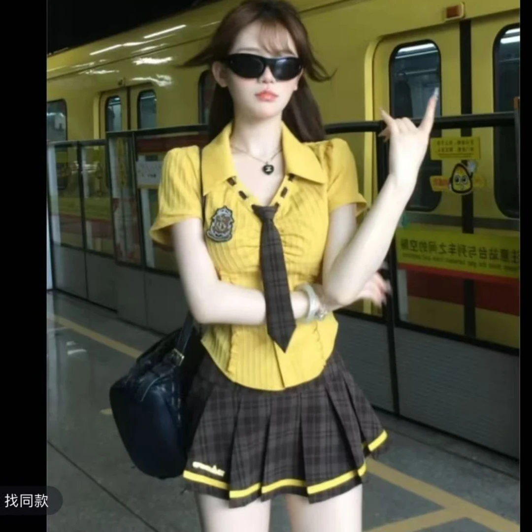 学院风jk制服套装女夏季新款收腰显瘦短袖衬衫格子百褶裙两件套