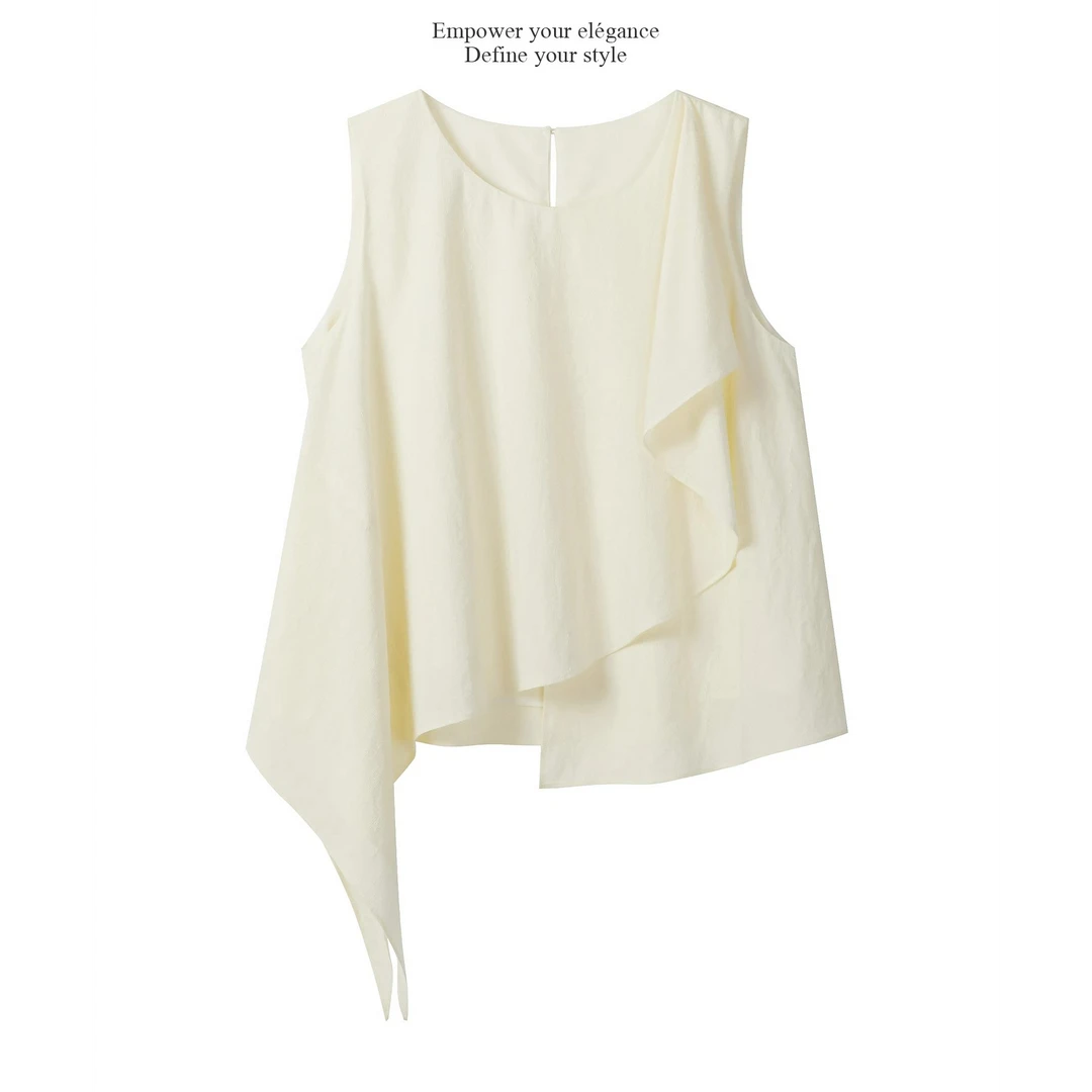 羊城故事-杏色荷叶边圆领背心新款不规则宽松无袖上衣Y50751623