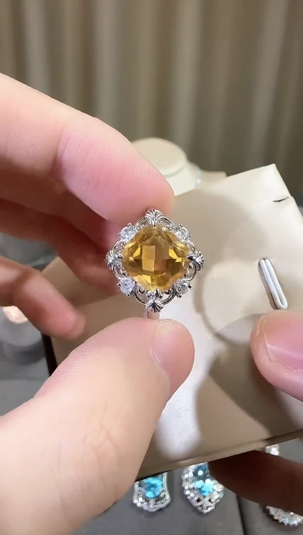 银S925镶嵌戒指黄晶10mm戒指简约设计款