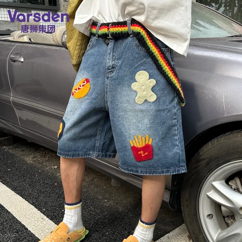 唐狮集团Varsden夏季美式汉堡薯条毛巾绣牛仔短裤男女夏季休闲裤