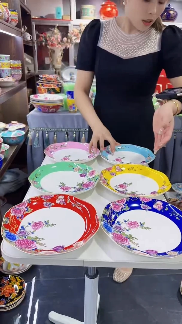 瓷片8英寸花口圆深盘6个景德镇陶瓷