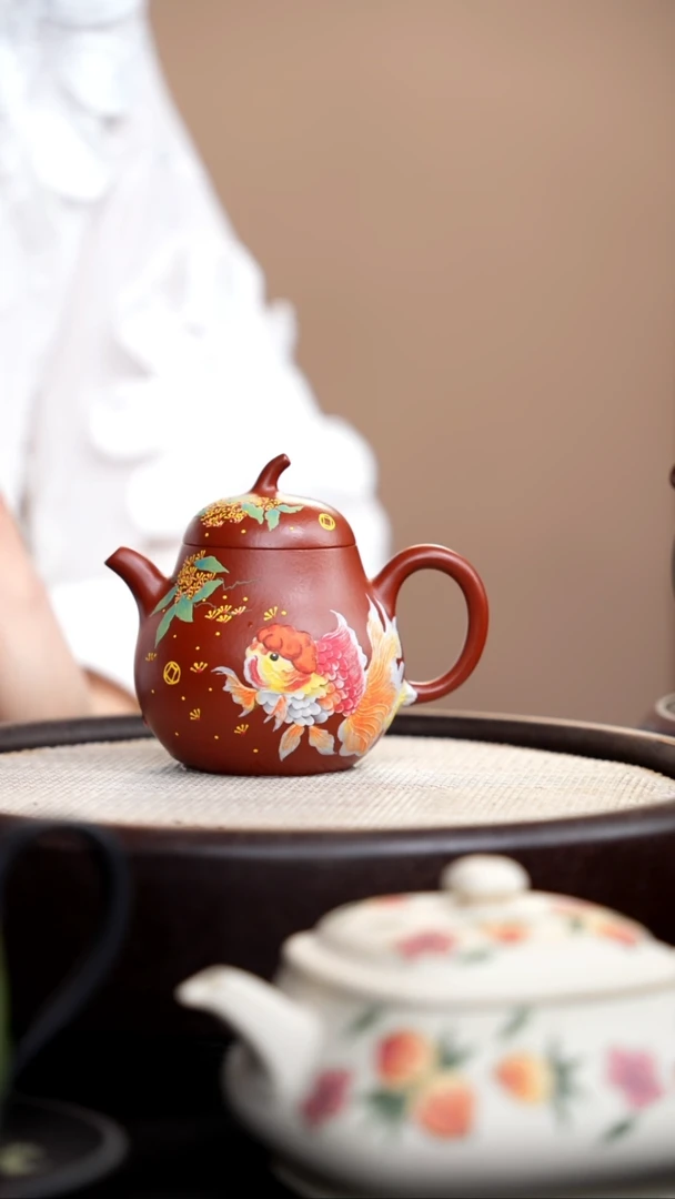 茶壶紫砂朱泥小茄瓜泥绘金鱼010