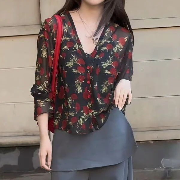 小雪’爱尔兰‘’春夏季高级感玫瑰天.丝碎花长袖衬衫女