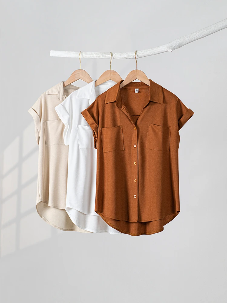 3308经典重现 纯~赫本风法式珠地衬衫短袖polo领上衣口袋款女夏