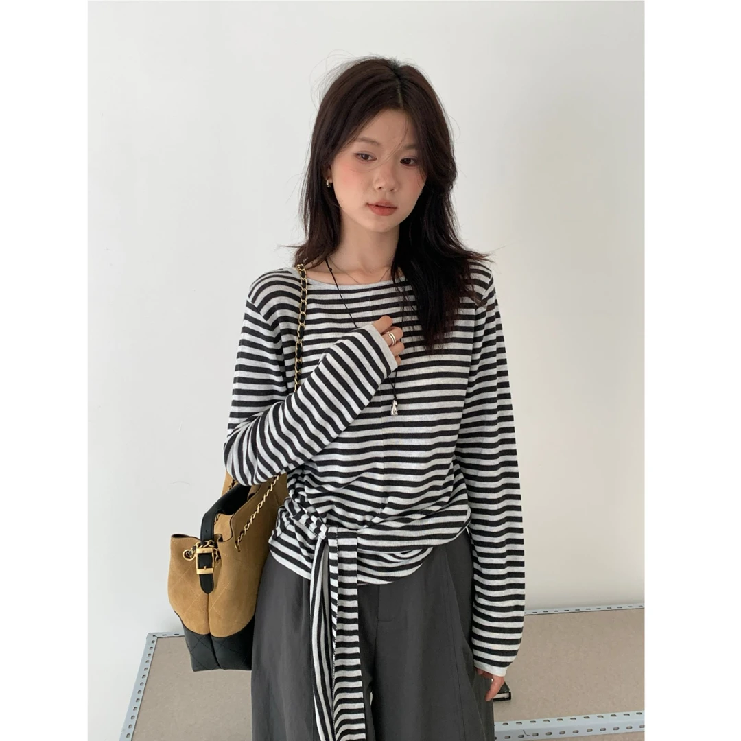 绑带收腰显瘦薄款针织衫女2025秋季新款圆领简约条纹打底毛衣