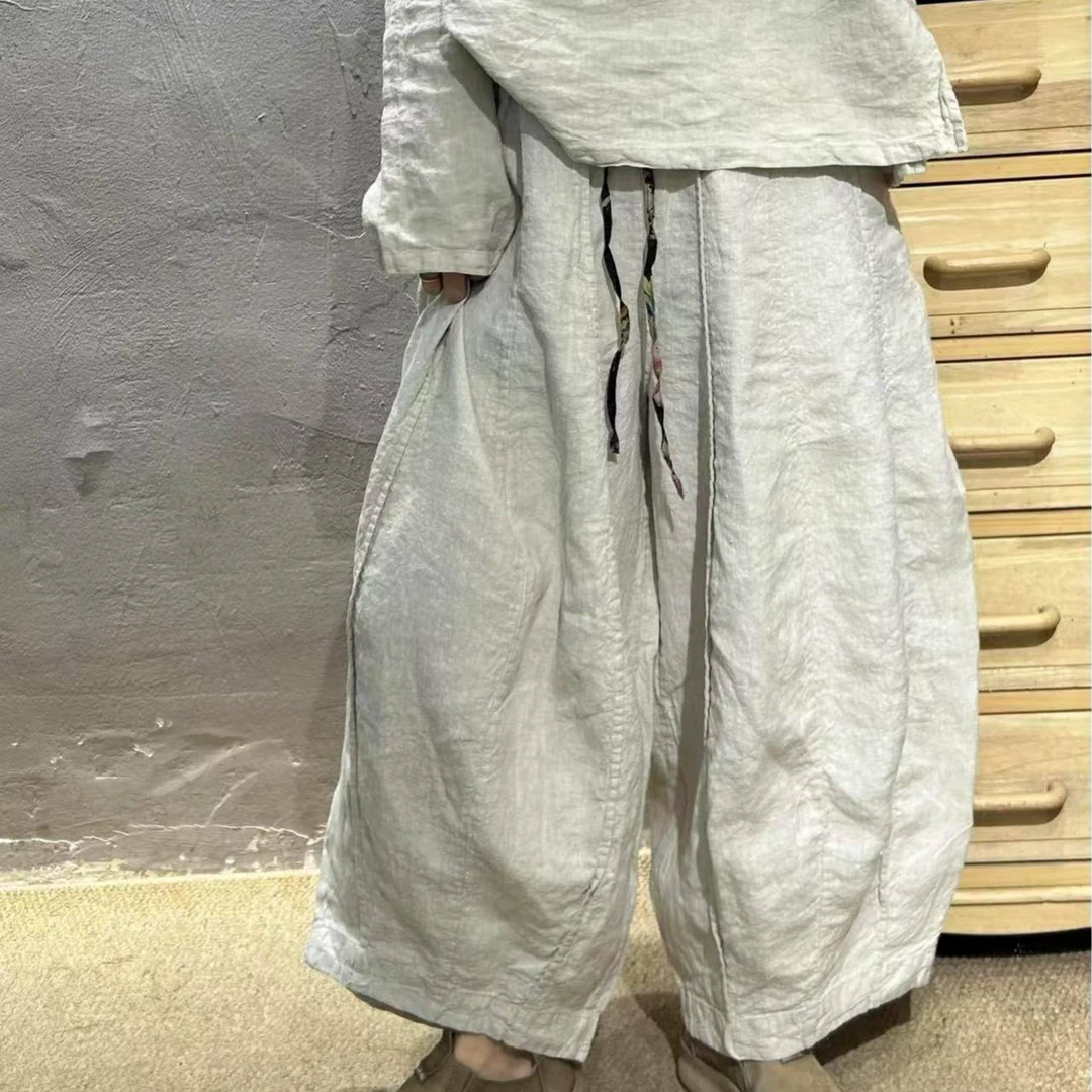 【半奏】春季新款 净版重工砂洗亚麻灯笼裤腰围104裤长86