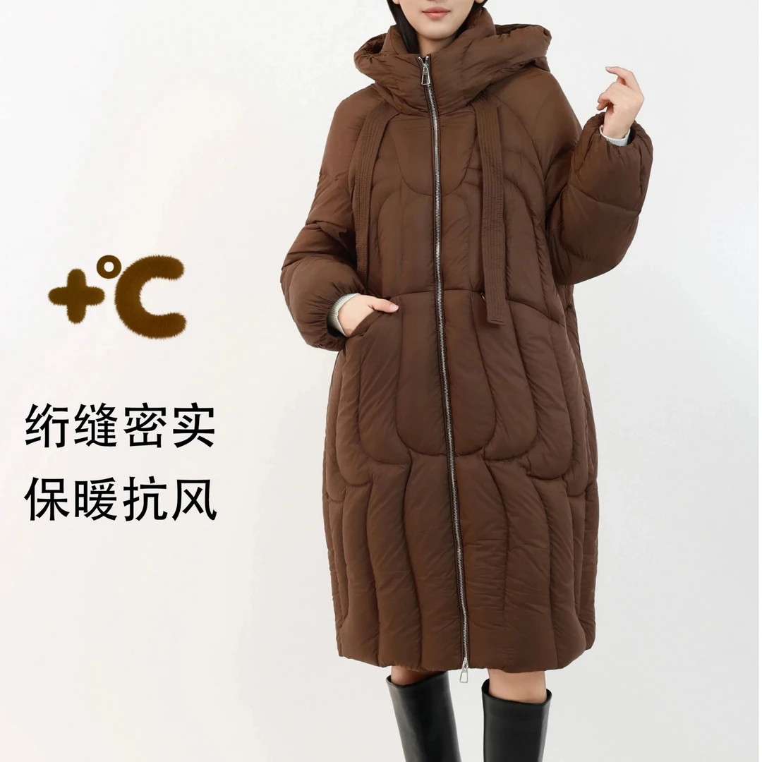 冬季新款极简风90白鸭绒连帽中长款时尚宽松百搭羽绒服厚外套高级
