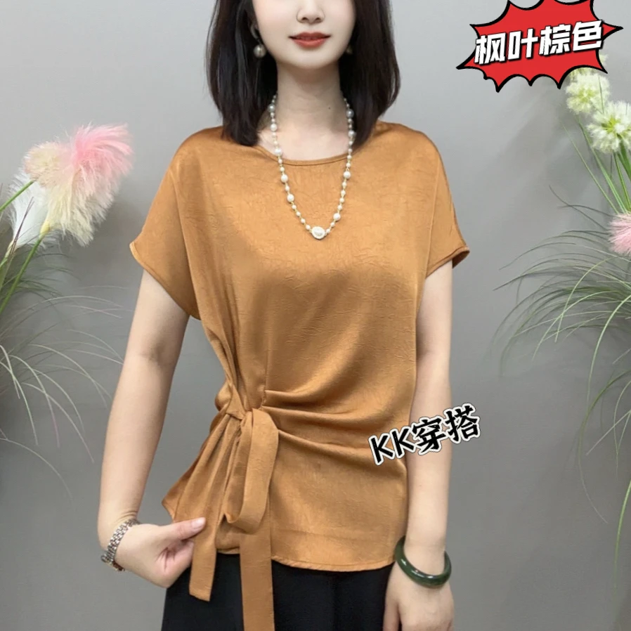 2025夏季新款时尚设计感飘带圆领短袖遮肉显瘦衬衫女士洋气小衫