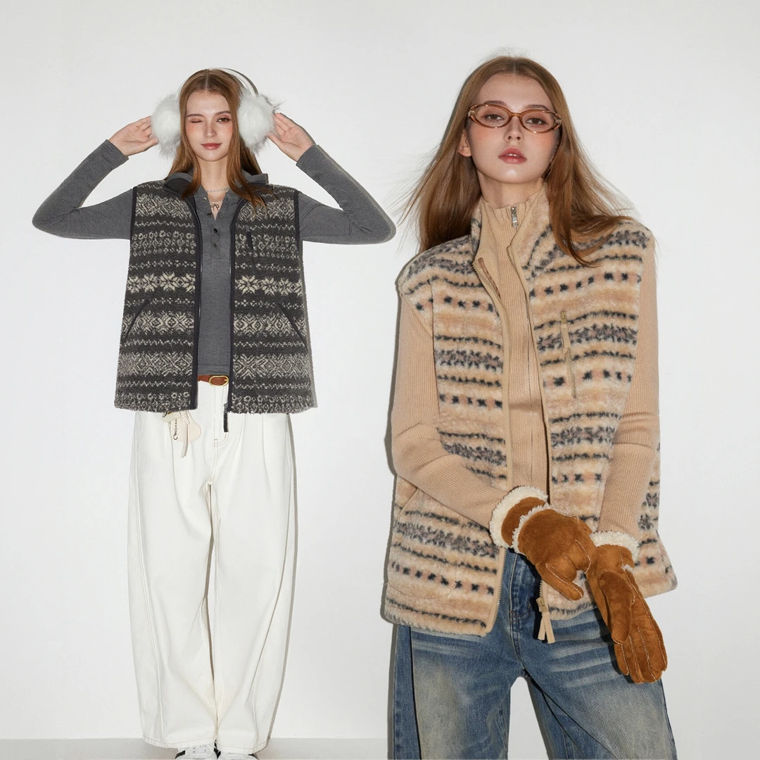 AD1S WPKD1美式复古费尔岛花纹绒马甲女秋冬慵懒休闲立领叠穿背心