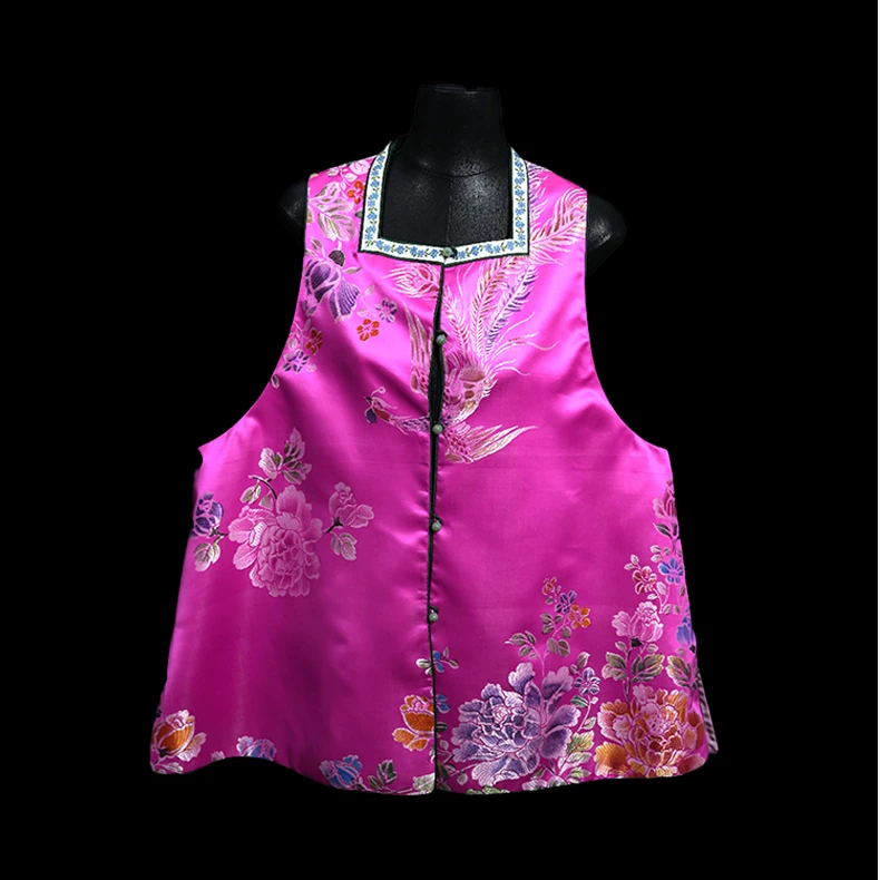双层玫红马甲唐装复古马甲女服装马夹刺绣圆领