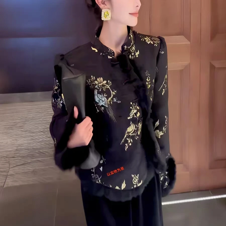 加毛毛外套印花外套显瘦气质长袖网红时尚复古中式民族风中国风