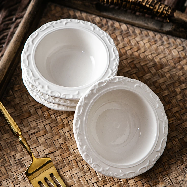 【4只装】新款法式浮雕高温釉下彩家用陶瓷蘸料碟火锅调料碟小吃碟