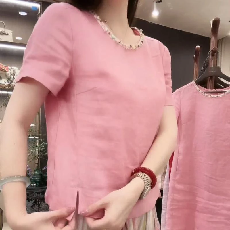 粉色短袖t恤女夏季2025新款时尚显瘦洋气高级感重工镶钻气质上衣