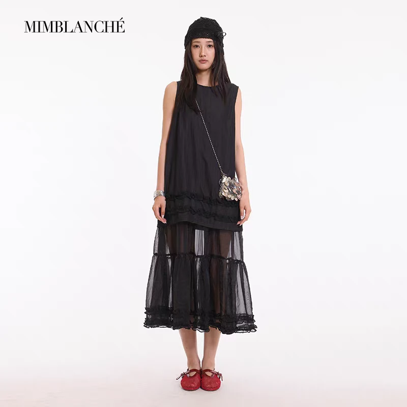 MIMBLANCHE  25早秋新品蕾丝薄款圆领无袖宽松拼接连衣裙女