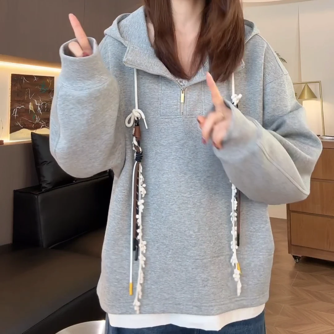 【灰拿铁】编织帽绳假两件时尚休闲百搭上衣拼接连帽宽松卫衣C6396